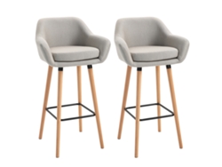 Taburetes de bar de diseño escandinavo, juego de 2. Taburetes de gran comodidad con reposapiés y reposabrazos. Madera maciza y lino beige.