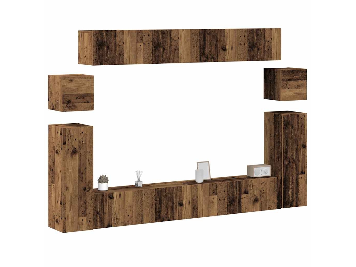 Conjunto De Mueble De Tv 8 Piezas Montado La Pared Madera Vieja