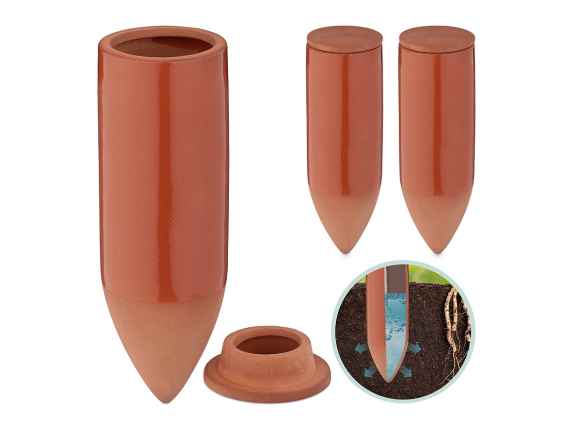Relaxdays Conos De Riego Arcilla, Set De 3, 330 Ml, Autorriego Plantas Interior, Jardineras Balcón, Con Tapa, Terracota