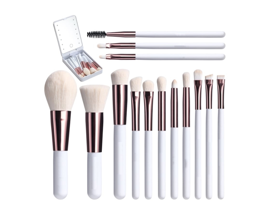 Juego de brochas de maquillaje de viaje, base, polvos, corrector, sombras de ojos, juego de maquillaje con espejo de luz LED, 14 piezas, mini USHION