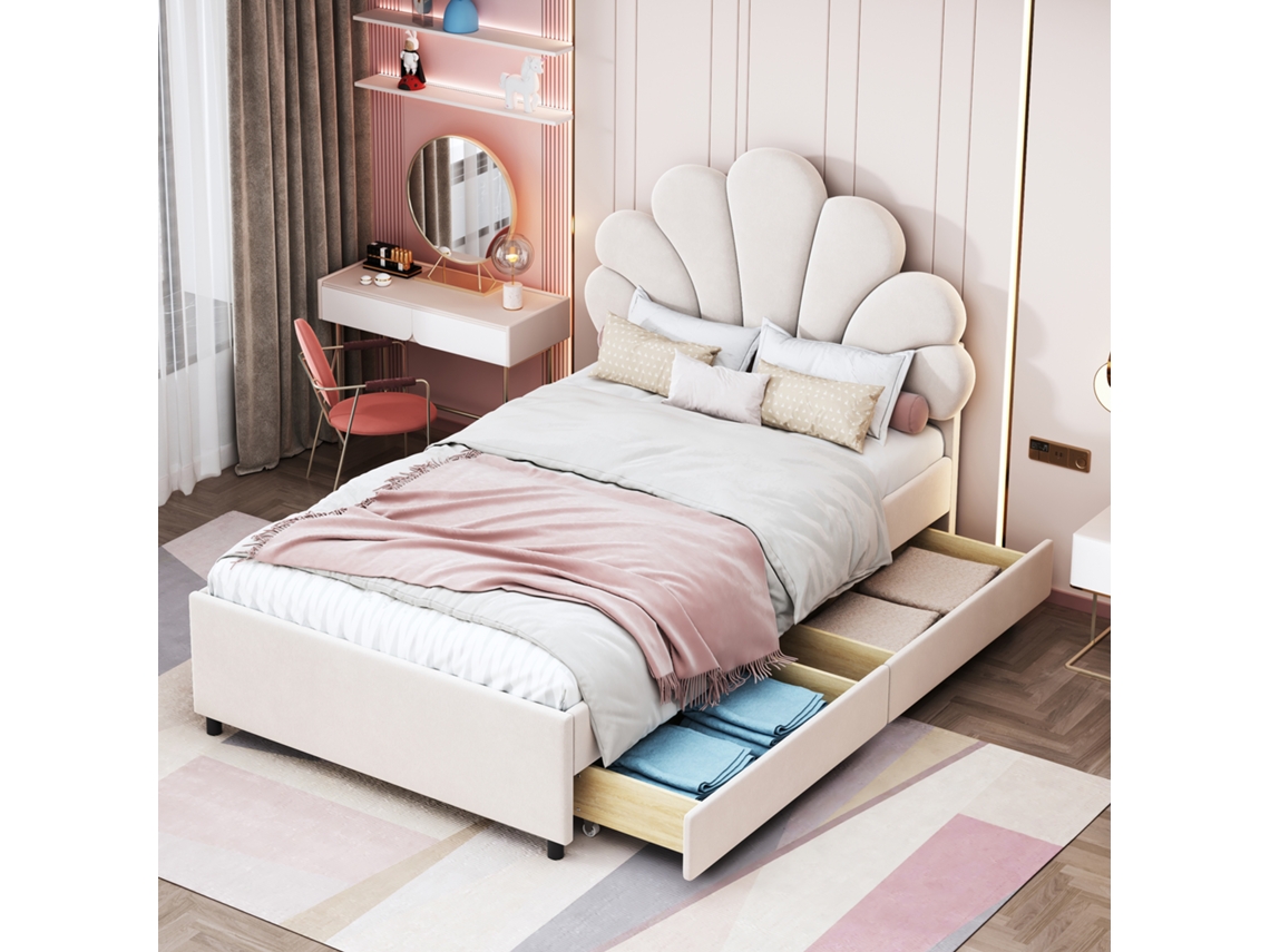 Cama Infantil De 90x200 Cm, Terciopelo Floral Beige.