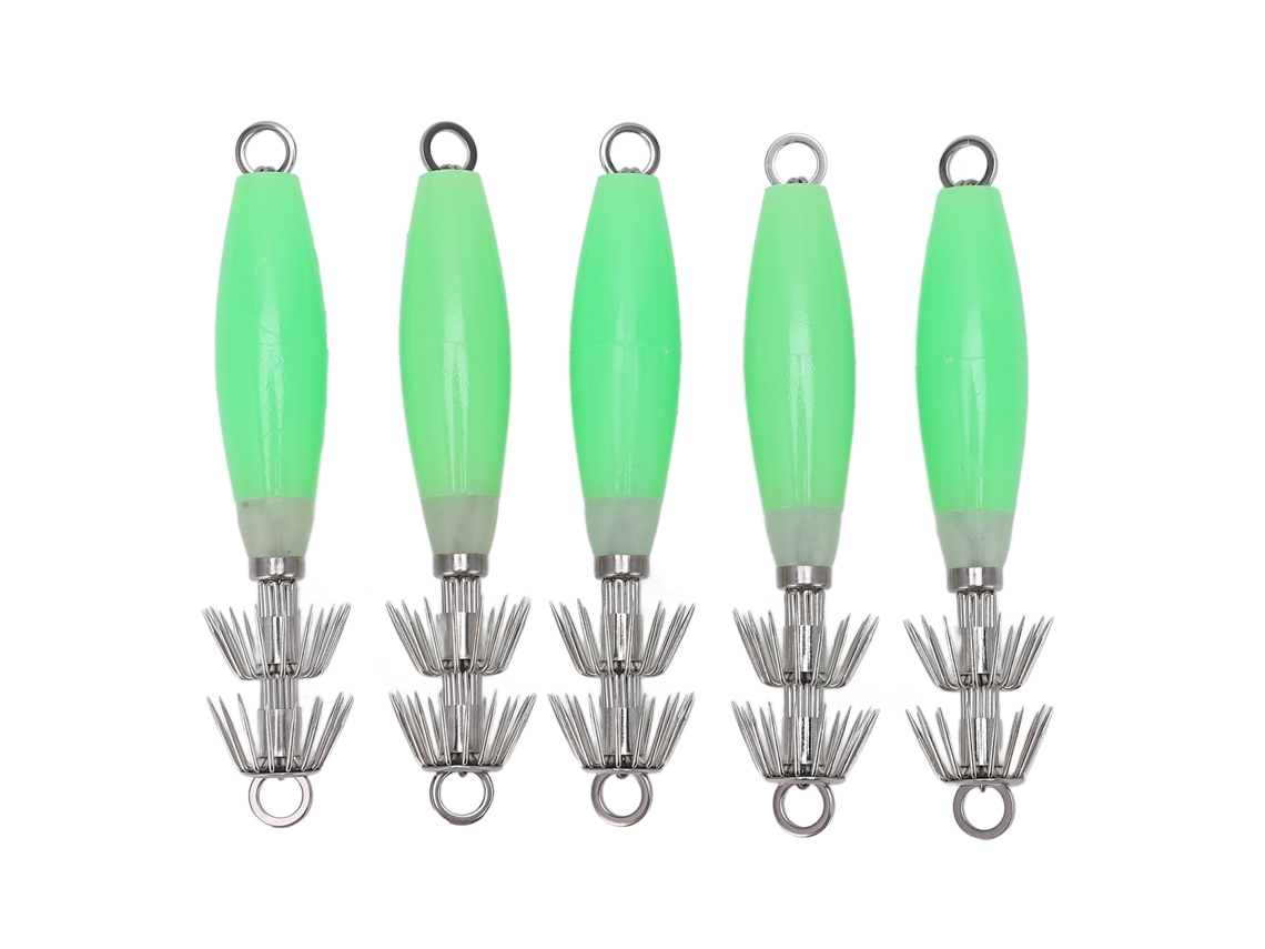 Encendedor de pulpo verde luminoso para pesca en agua salada, 5 unidades