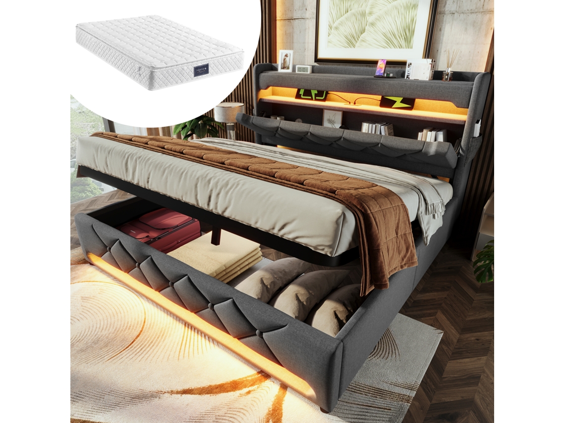 Cama Doble 140x200 Cm Tapizada, Led 360°, Usb-c, Almacenamiento Hidráulico, Gris, Con Colchón.