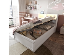 Sofá Cama De Madera De 90x200 Con Enchufes, Iluminación Led, Sistema Hidráulico Y Espacio De Almacenamiento, Color Blanco.