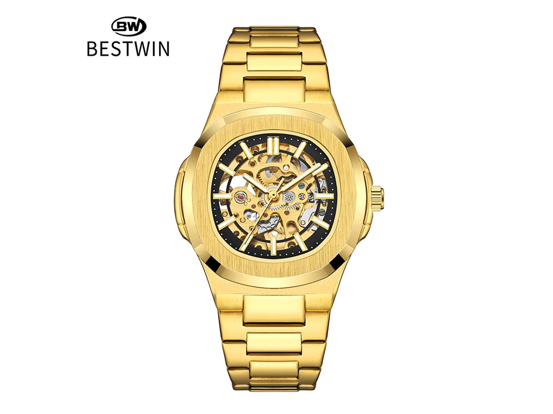 Reloj Mecánico Luminoso De Doble Cara Con Esqueleto Para Hombre (dorado Y Negro)