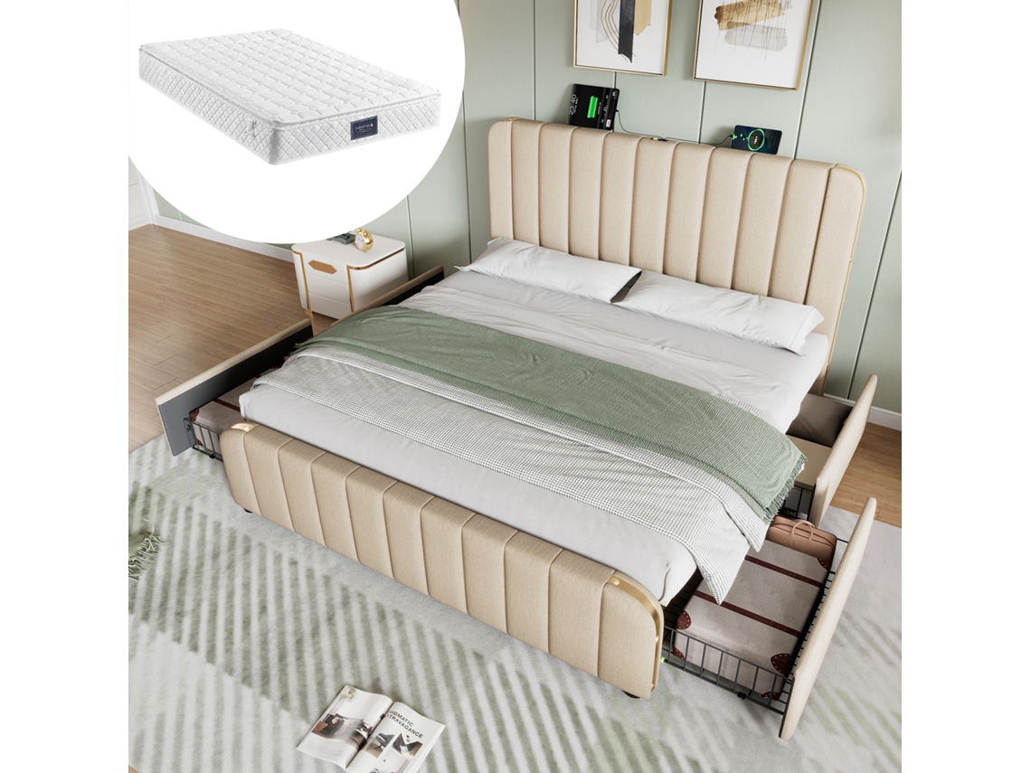 Cama De Lino Beige De 140x200 Cm Con Cabecero Dorado, 4 Cajones, Puerto Usb-c, Estructura Robusta, Somier De Láminas Con Colchón.