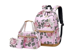 2026-mochila Escolar De Lona Con Estampado Floral, Set 3 En 1: Mochila + Lonchera + Estuche Xmy Rosa