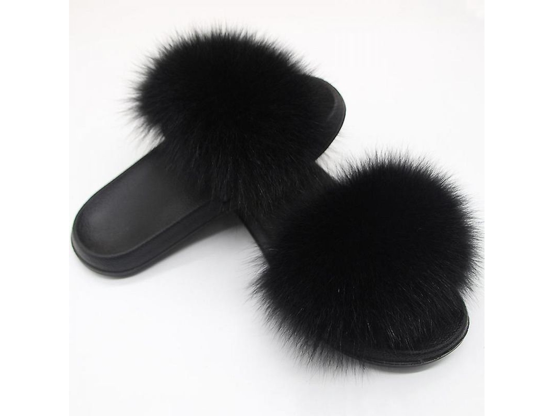2026-pantuflas De Piel De Zorro Para Mujeres Con Punta Abierta Suaves Y Antideslizantes Para Interior Y Exterior 40-41 Negro