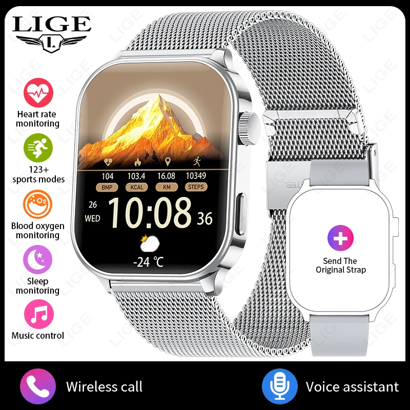 Reloj inteligente (plateado, correa de rejilla), pantalla de 2,01 pulgadas, monitor de frecuencia cardíaca, llamadas Bluetooth, resistencia al agua IP68.