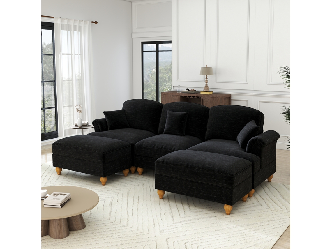 Sofá 3 Plazas - Chenille, Brazos Cónicos, Falda Extraíble, Patas Torneadas - Negro