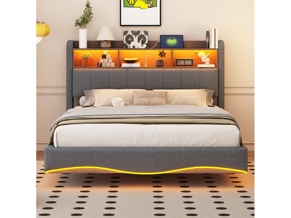 Cama Tapizada 140x200cm, Diseño Flotante, Led, Usb-c, Almacenamiento En Cabecero, Capacidad 250kg, Sin Colchón, Gris