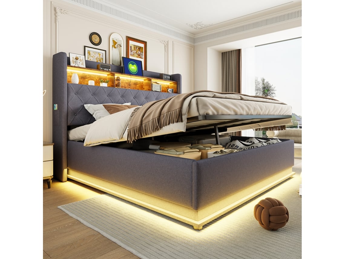 Cama Tapizada Con Iluminación Led, De 180x200 Cm, Con Almacenamiento Hidráulico Y Puerto Usb, En Tela De Lino Gris.