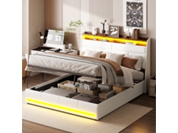 Cama Tapizada De 140x200 Cm, Cama Doble, Con Compartimento De Almacenaje, Led Con Control Por App, Tela De Piel Sintética - Blanco