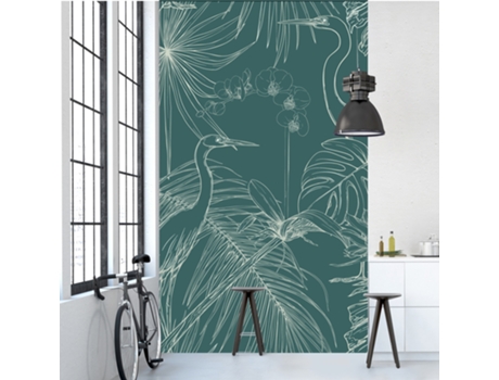 Mural de Pared PLAGE Murales Gráficos de una Garza entre Orquídeas y Plantas Silvestres sobre Fondo Verde 250 cm x 150 cm