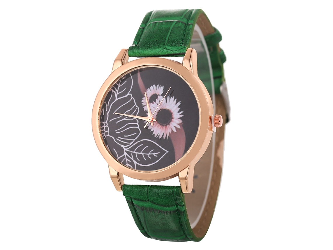 Reloj De Pulsera Unisex De Cuarzo Zhoulianfa Con Correa De Cuero Sintético Y Estampado Floral Verde.