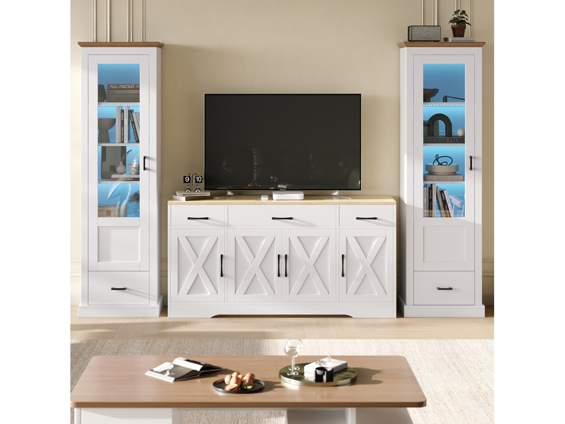 Conjunto de sala de estar con 2 vitrinas LED modernas en blanco mate y 1 aparador multifuncional de madera para sala de estar y comedor.