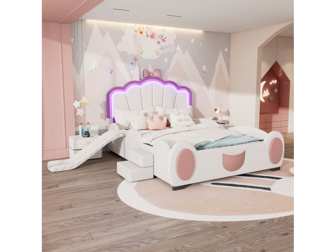 Cama Infantil De 140x200 Cm Con Escalera Tobogán Led, De Poliuretano, Color Rosa Y Blanco.