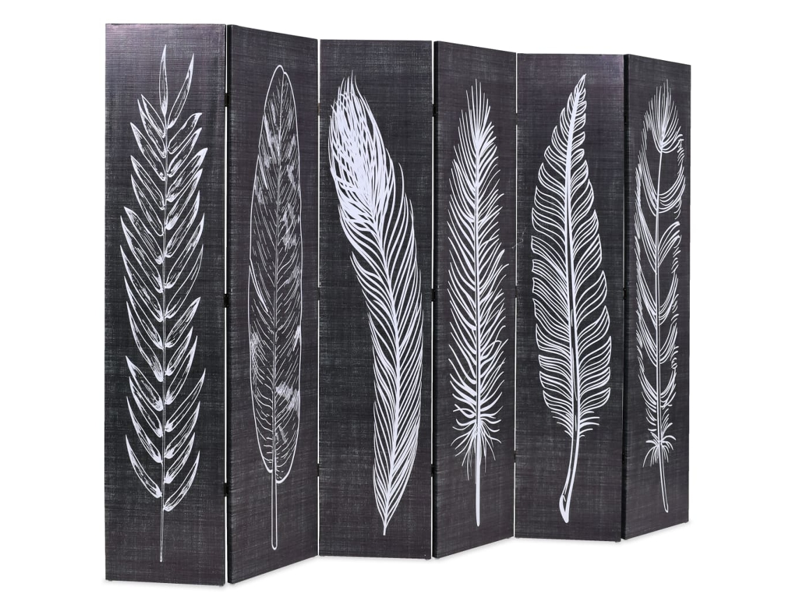 Mampara plegable con estampado de plumas, 228 x 170 cm, blanco y negro, WSD968333, Lovely Home