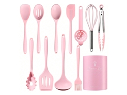Juego de utensilios de cocina de silicona, aptos para sartenes antiadherentes, 12 piezas. Rosa. Siurn (sin BPA).