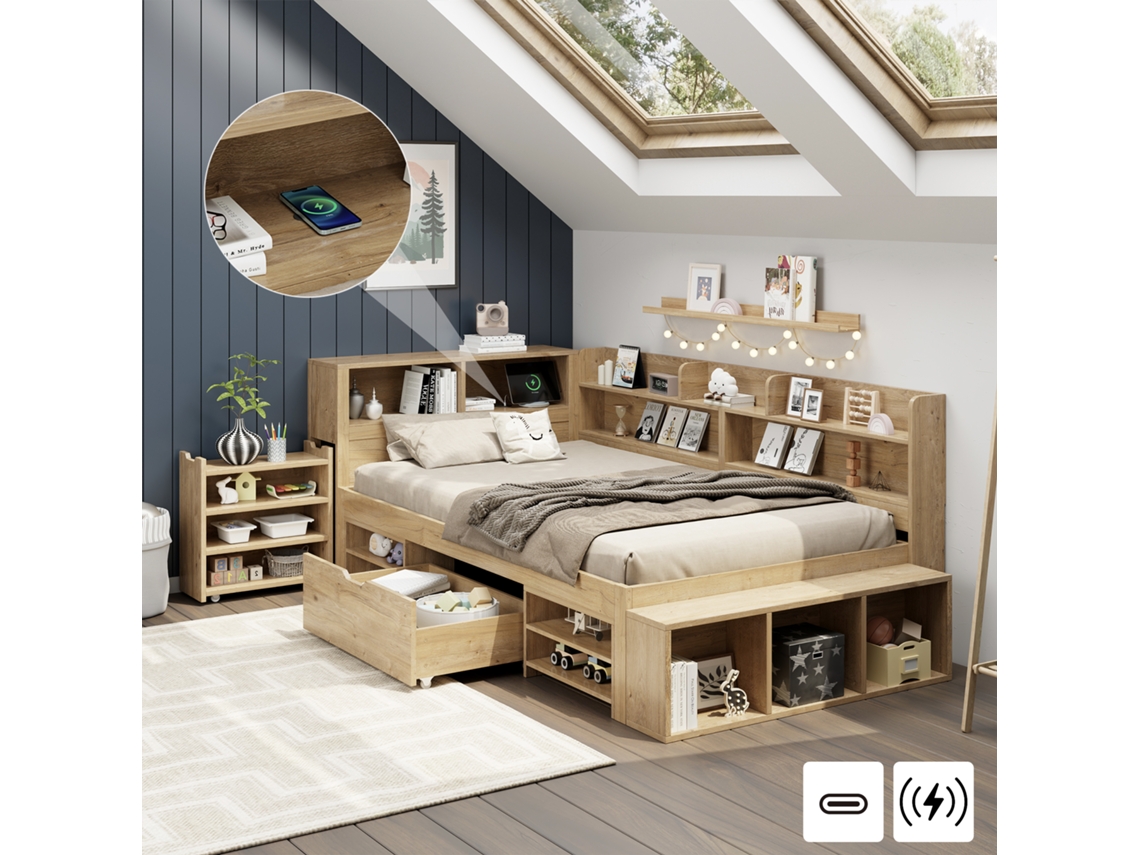 Cama Infantil De Madera Maciza, De 90x200 Mm, Con Espacio De Almacenamiento Inalámbrico Y Mesita De Noche.