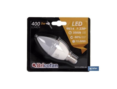 Bombilla led 5w vela e14 220 400lm 3000k