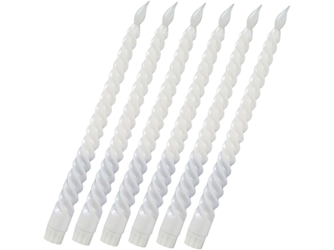 Juego de 6 velas blancas en forma de cono retorcido, 30 cm, hechas de cera natural, sin llama y con iluminación LED. SFUSHOS