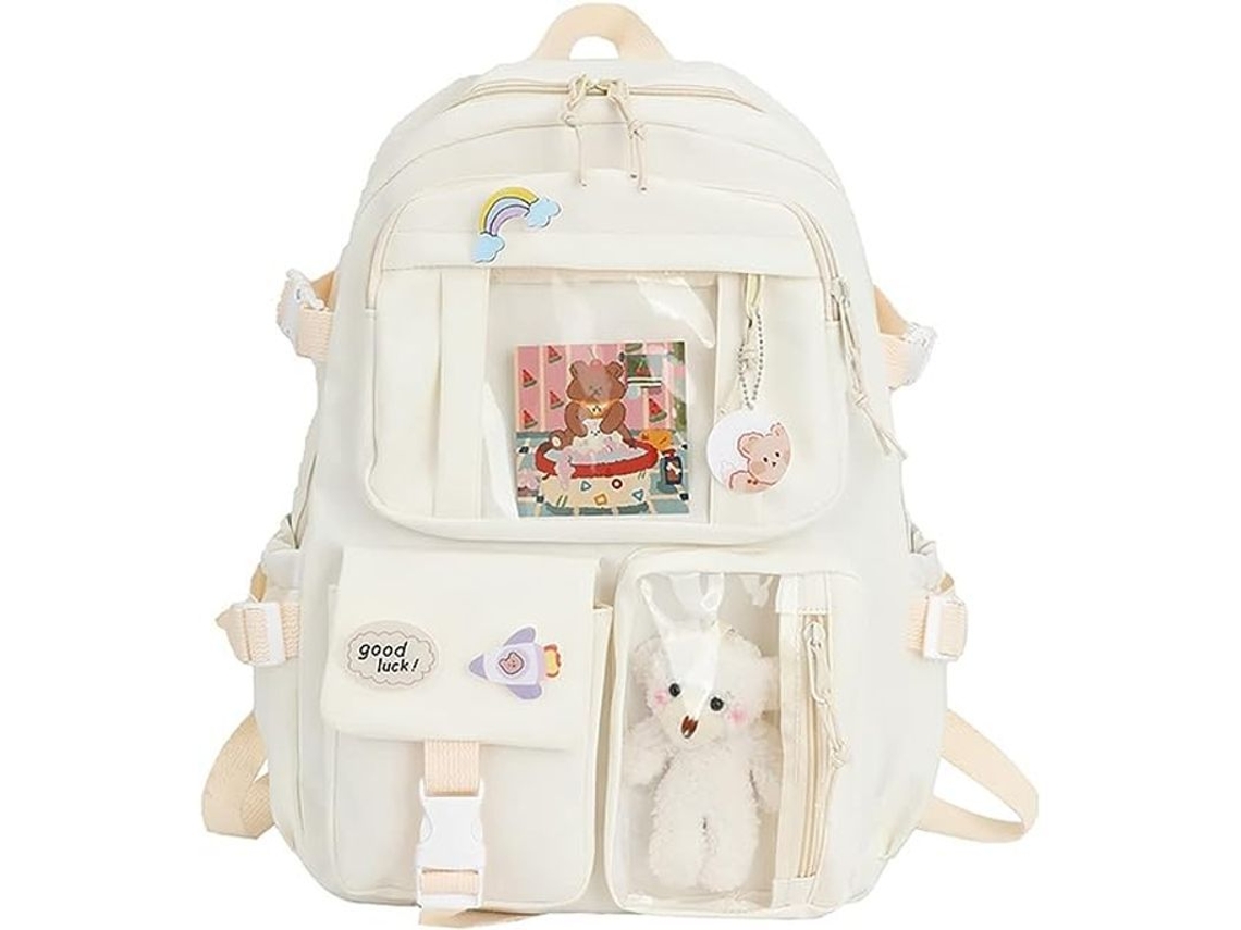 2026-mochila Escolar Kawaii Con Pin Y Accesorios Oso, Gran Capacidad Y Multi Bolsillos (beige)