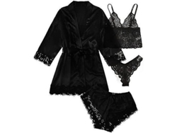 2026-conjunto De Pijamas De Satin Con Encaje Floral 4 Piezas Para Mujer Incluye Batidor
