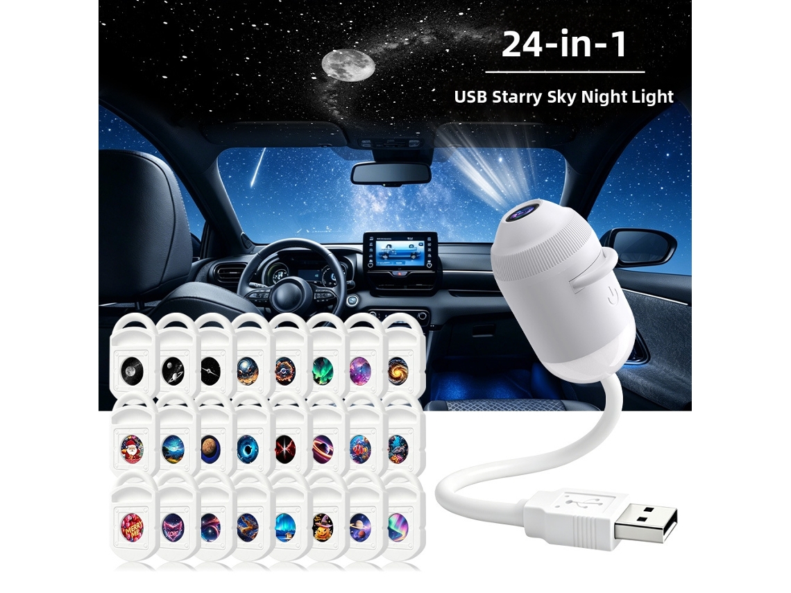 Luz Nocturna De Proyección 2 En 1 Con 24 Láminas Deslizantes, Brillo Ajustable, Usb, Para Uso En El Coche O En Casa. Czhhmart