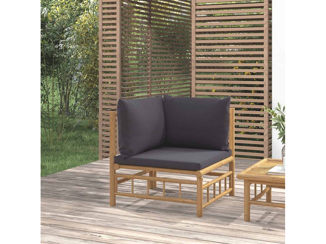 Sofá esquinero de bambú para jardín con cojines gris oscuro, Dkd Home Decor