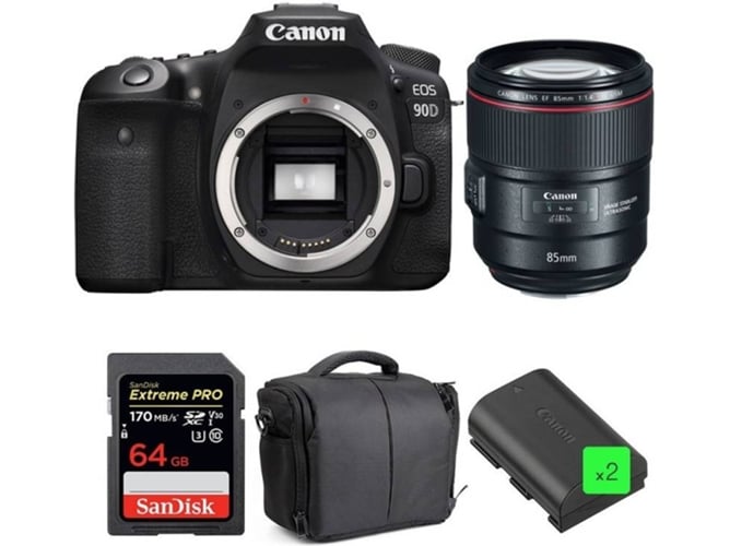Kit Cámara Réflex CANON EOS 90D + EF 85mm f/1.4L IS USM + SanDisk 64GB + 2 LP-E6N + Bolsa