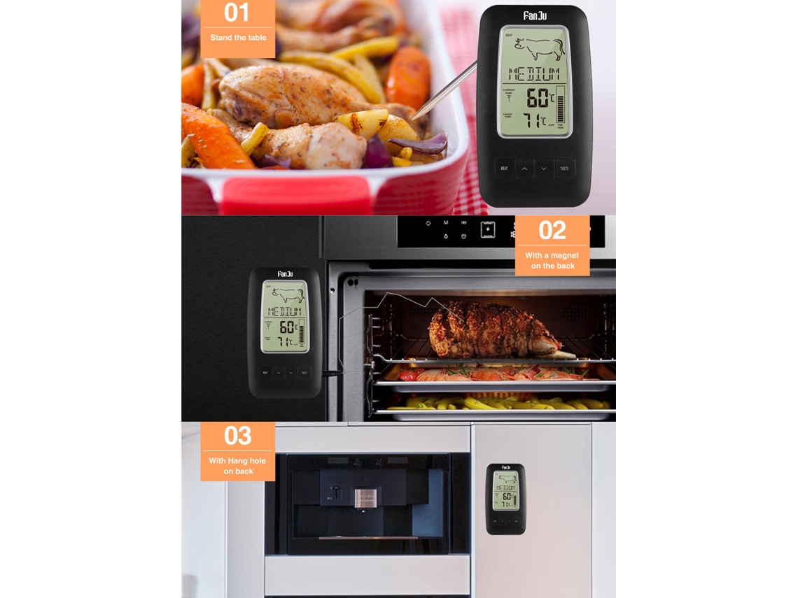 Termómetro Digital De Cocina Fanju Fj2245 Con Sonda Inalámbrica Y Control Remoto Para Barbacoas Y Ahumado De Carne.