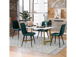 Mesa de 117 cm, 4 sillas, terciopelo verde oscuro con detalles dorados.