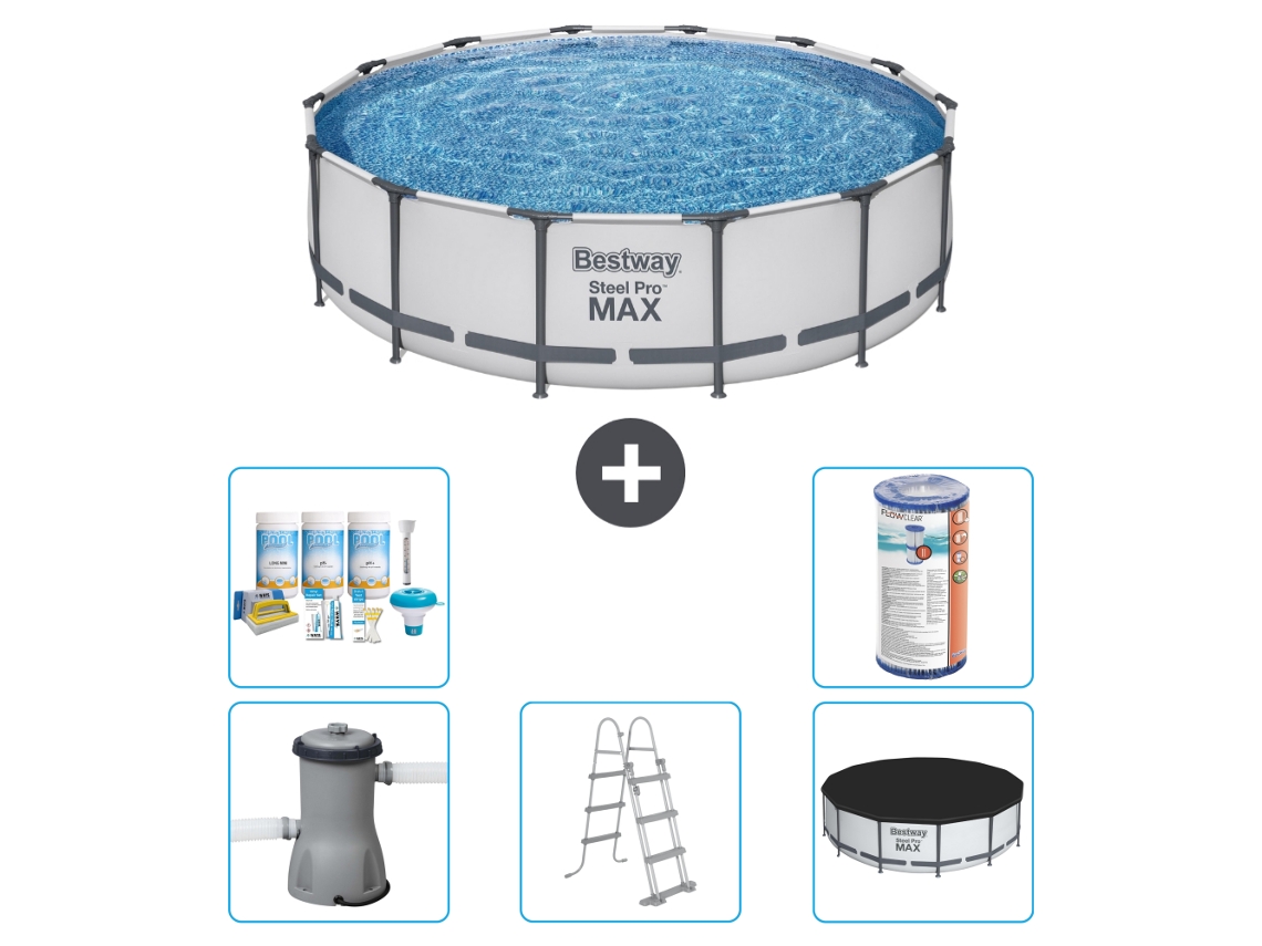 Piscina BESTWAY Round Steel Pro MAX - 427 x 107 cm - Gris - Bomba incluida - Escalera - Cobertor Paquete de mantenimiento - Filtrar