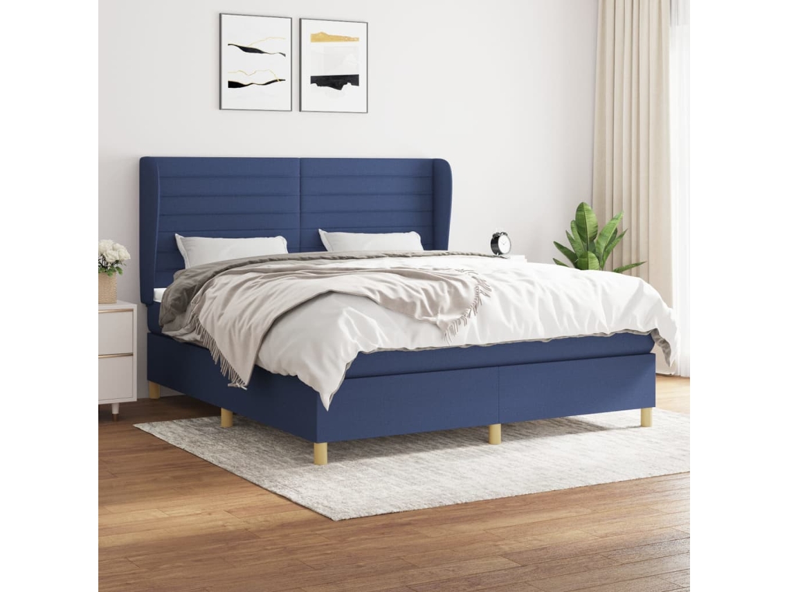 Cama Box Spring Con Colchón Tela Azul 160x200 Cm
