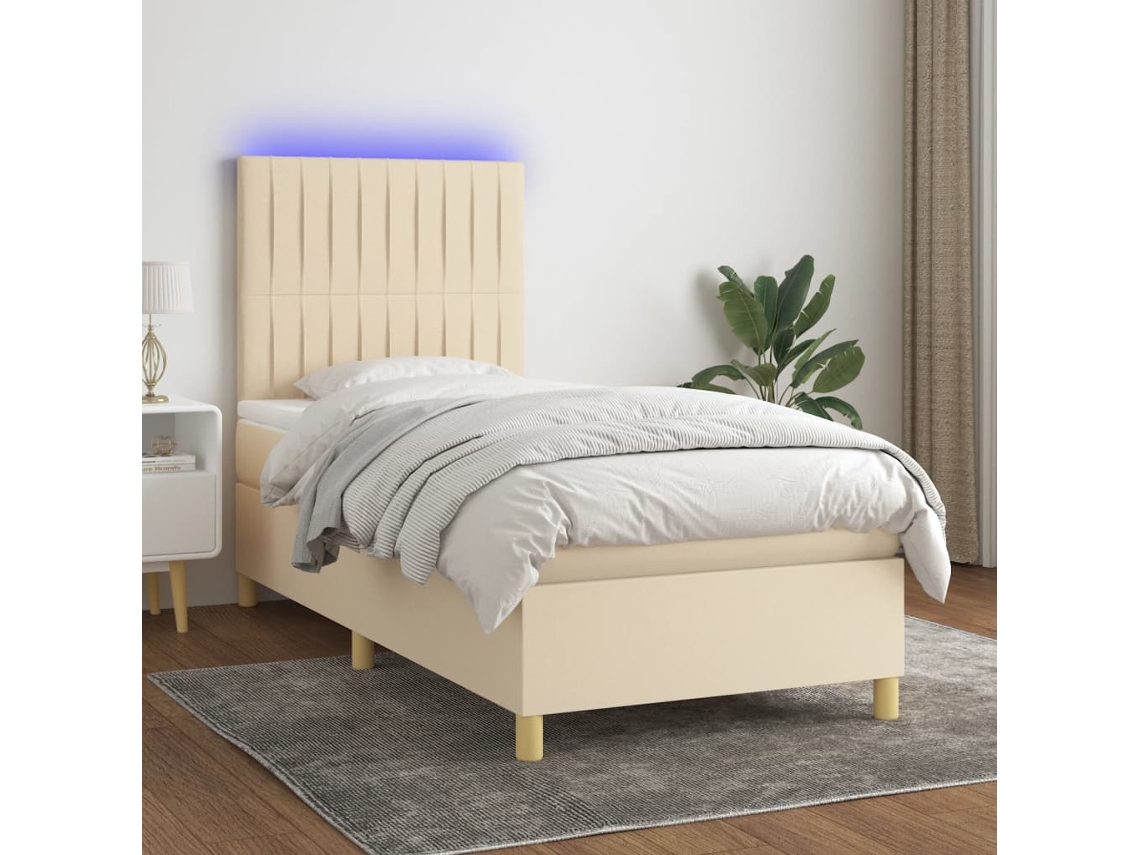 Cama Box Spring Colchón Y Luces Led Tela Crema 80x200 Cm