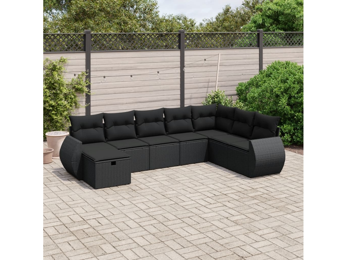 Conjunto de 8 sofás de jardín con cojines de mimbre sintético negro, Dkd Home Decor