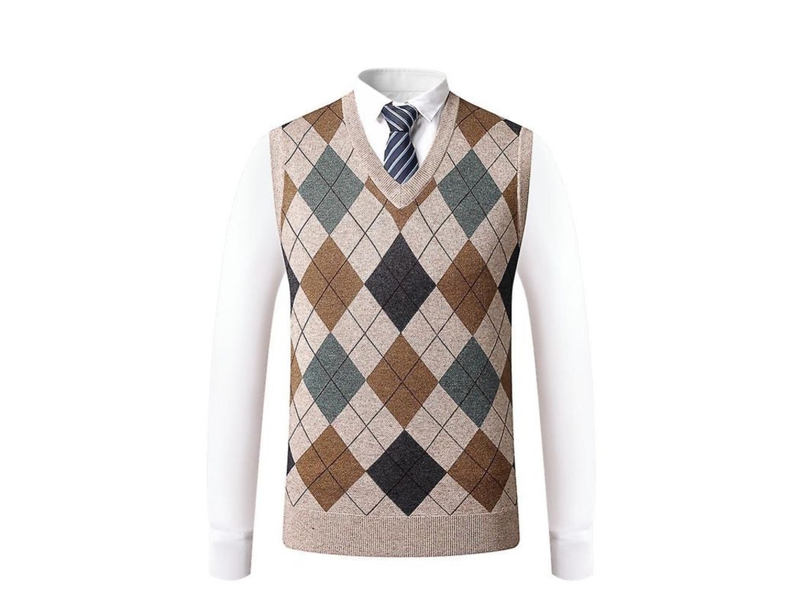2026-chaleco Sin Mangas De Lana Para Hombre Pullover Cuello V Tejido Slim Fit Estampado Argyle Gris Bordeaux Caqui M Caqui