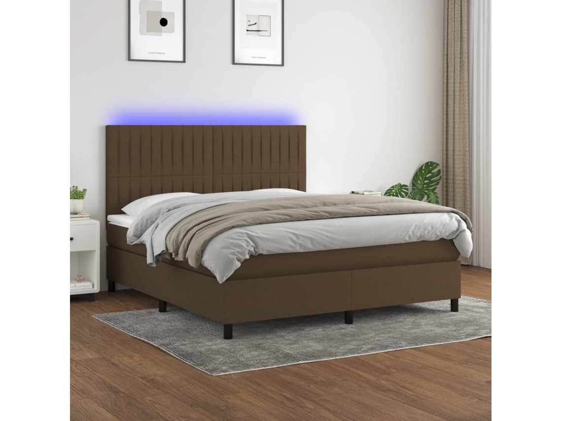 Cama Box Spring Colchón Luces Led Tela Marrón Oscuro 160x200cm