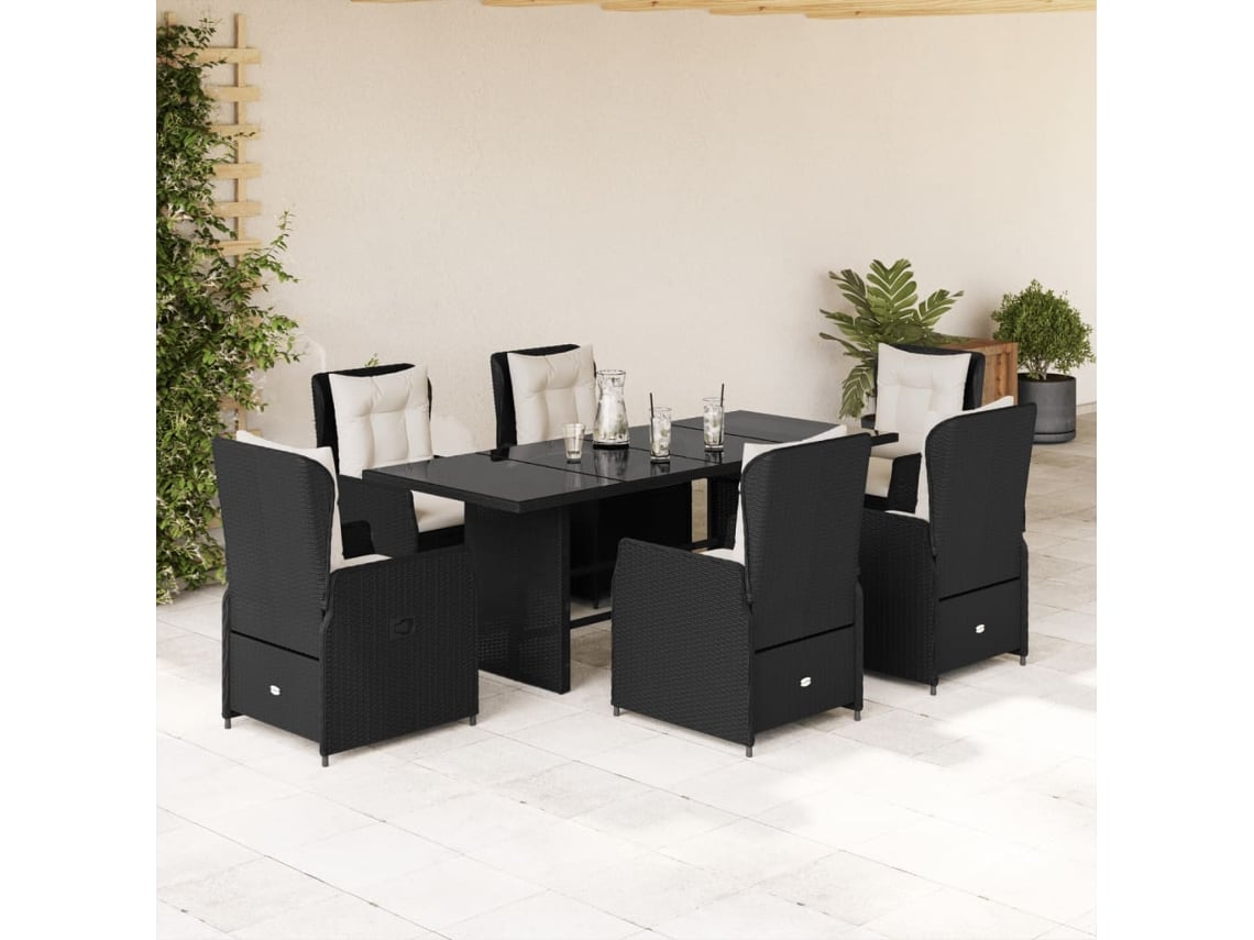 Juego de comedor de jardín de 7 piezas con cojines de mimbre negros de DKD Home Decor