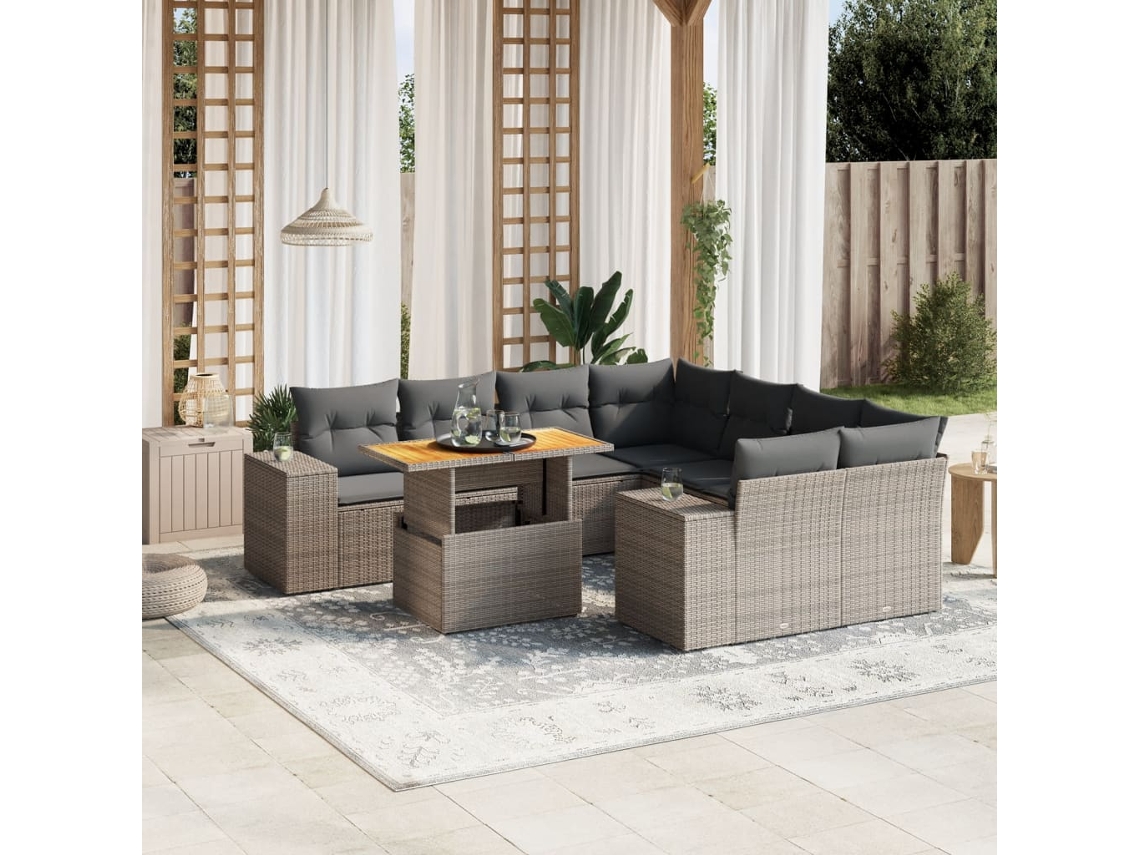 Conjunto de sofá de jardín de 9 piezas con cojines, mimbre gris, DKD Home Decor