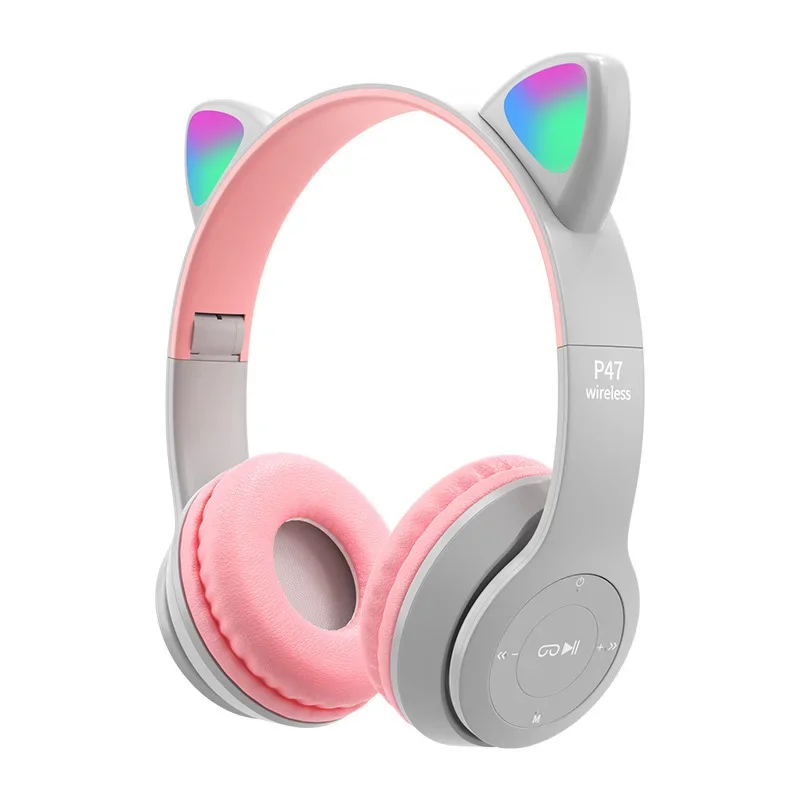 Auriculares Inalámbricos Con Diseño De Gato (gris-rosa), Compatibles Con Bluetooth, Estéreo Para Casco, Con Graves Supraaurales.