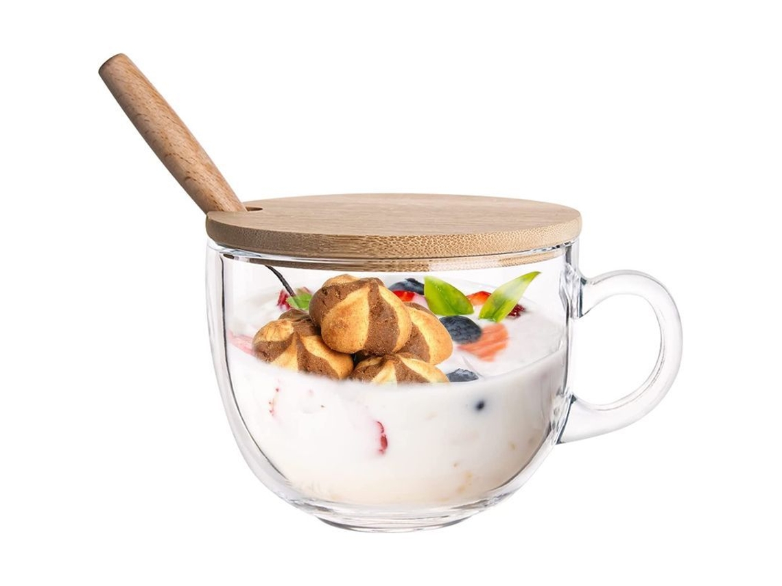 Taza De Vidrio De 444 Ml Con Tapa Y Cuchara Para Café, Té, Leche, Yogur Y Otras Bebidas.