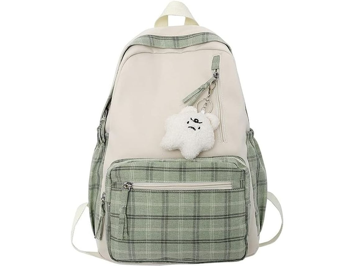 2026-mochila Kawaii Con Colgante Cuadros Estética Escolar Para Niñas Material Nylon Capacidad Grande (verde)