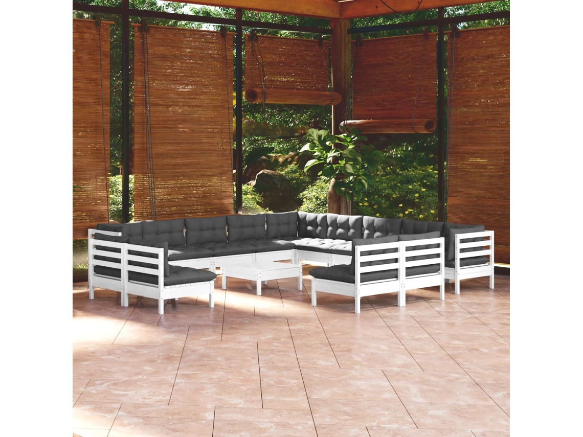Conjunto de jardín de 14 piezas con cojines en pino macizo, blanco, DKD Home Decor