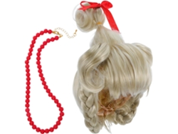 Peluca Larga Sintética Rubia Con Trenzas Rizadas, Lazo Rojo Y Collar, De 3 Piezas.