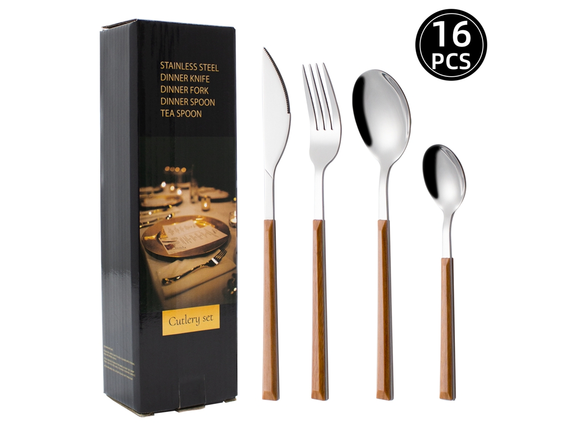 Juego de cubiertos de acero inoxidable 430 MDUG con mangos de plástico imitación madera (16 piezas)