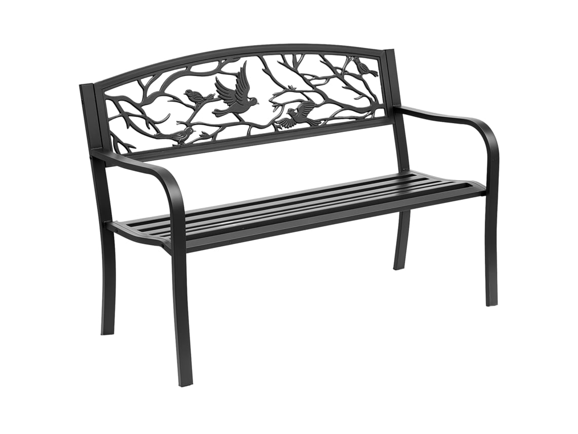 Banco de jardín de 3 plazas, metal con acabado epoxi, estilo rústico chic, 127x60x85cm, negro.