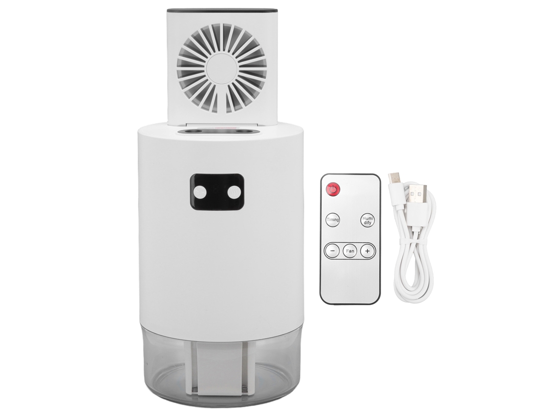 Ventilador humidificador 2 en 1 de 1000 ml con USB, 3 velocidades y control remoto.