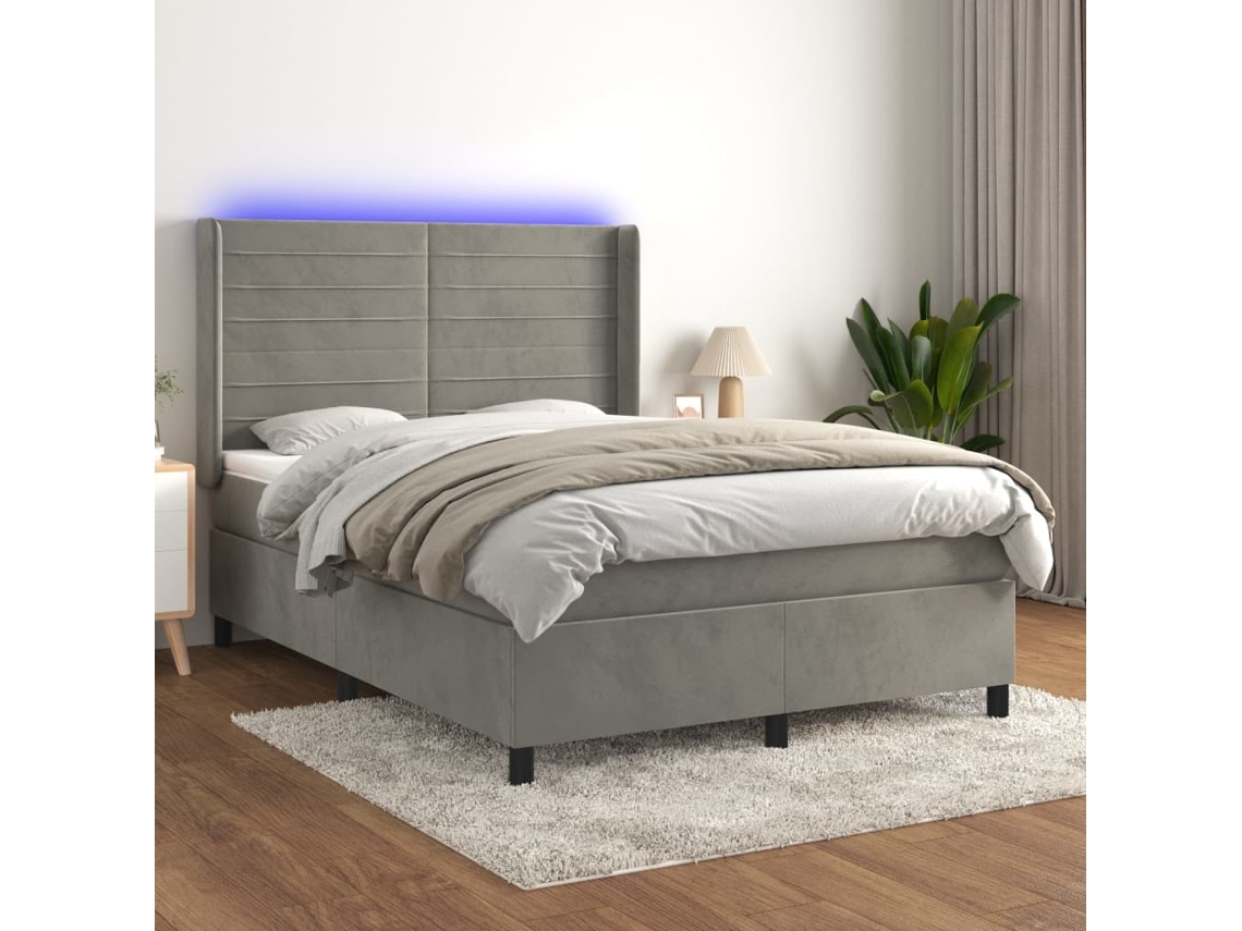 Cama Box Spring Colchón Y Led Terciopelo Gris Claro 140x190 Cm
